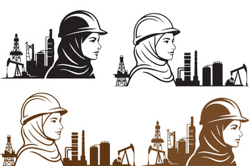 Muslim female engineer vector silhouette set wearing hijab and safety hard hat, middle eastern woman architect profile portrait with oil refinery industrial plant skyline background options. © Mujtanibah
