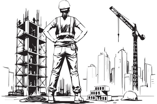 Back view vector illustration of a confident female engineer or architect looking at a construction site with a building structure, crane, and city skyscrapers skyline, modern woman contractor line ar