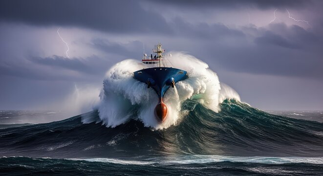 A massive industrial ship crashes through towering, dark ocean waves during a violent storm under a dramatic, leaden sky at deep twilight, maritime, danger, transport