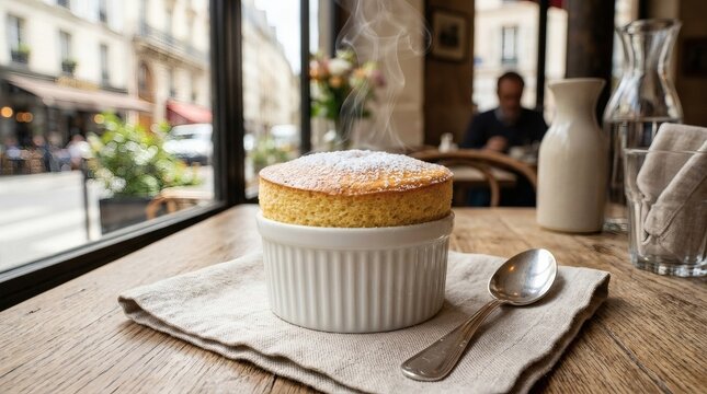 Steaming hot souffl? with powdered sugar on a rustic wooden table by a cafe window overlooking a charming Parisian street scene.