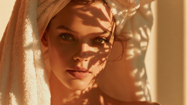 Luxury Skincare Beauty Portrait with Glowing Skin and Botanical Light