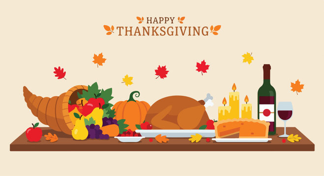 Thanksgiving Feast Spread: A bountiful Thanksgiving spread featuring a roasted turkey, cornucopia, pumpkin, pie, wine, and festive fall leaves, celebrating harvest and gratitude.