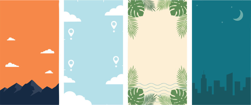 Modern flat landscape vertical banner set featuring mountains city skyline beach and map pins