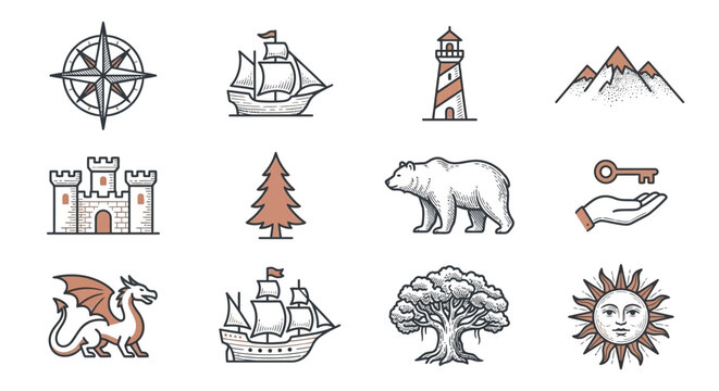 Handcrafted engraved adventure line icons featuring medieval castle dragon ship lighthouse and forest elements