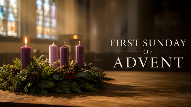 Advent wreath with one lit purple candle in a church setting