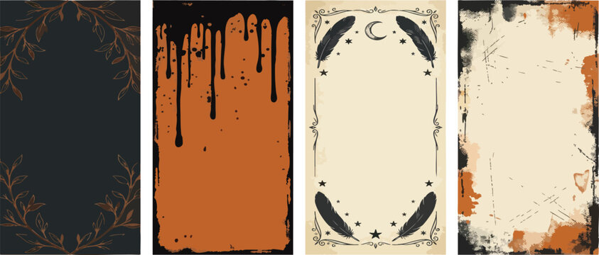 Set of halloween themed blank background templates with floral frame, dripping paint, feather border and grunge edge