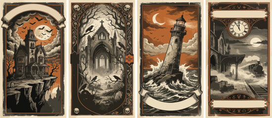 Set of halloween themed illustrations with haunted house, gothic church, lighthouse and mysterious train station © MDMUKTADIR