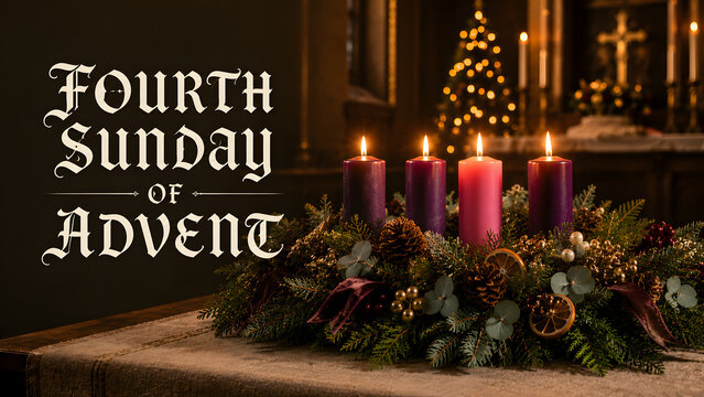 Fourth sunday of advent wreath with four lit candles in a church