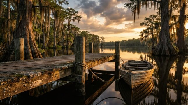 Golden hour on a serene swamp lake with a rustic wooden dock, old rowboat, and Spanish moss-draped cypress trees