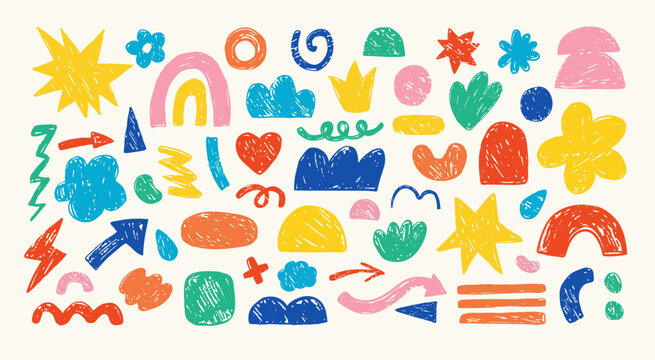 Hand drawn abstract set shapes and doodles with crayon texture. Cute naive symbols, squiggles and colorful geometric kids elements. Clouds, rainbow, sun, stars, crowns, hearts, arrows. Vector