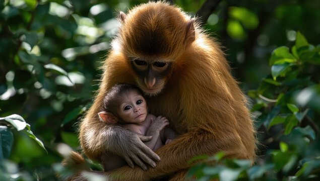 Close-up portrait of a caring mother monkey embracing her small newborn infant amidst dense tropical jungle leaves