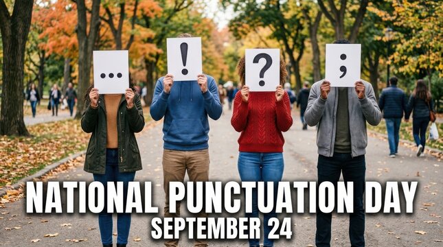 People holding punctuation marks on signs, Back view, Autumn park