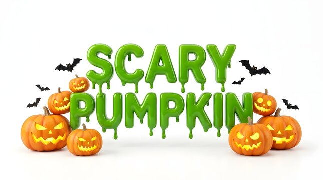Scary pumpkin text with dripping green slime and carved jackolanterns isolated on white background