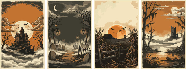 Set of spooky halloween landscape illustrations with haunted house graveyard cornfield and castle © MDMUKTADIR