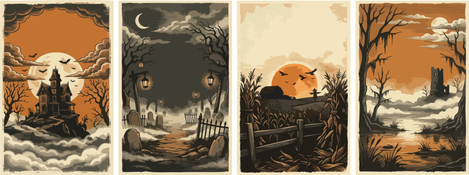 Set of spooky halloween landscape illustrations with haunted house graveyard cornfield and castle