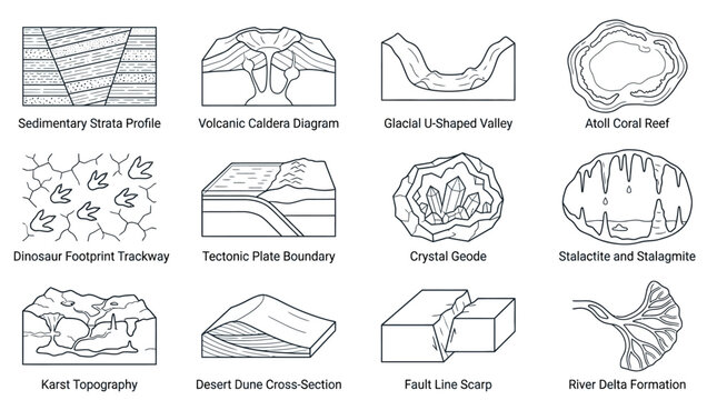 Engraved scientific set of geological structures and earth diagrams on white background