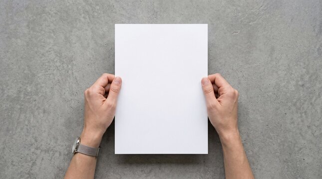 Overhead viewpoint of hands holding a pristine white piece of paper ready for copy against a concrete background.