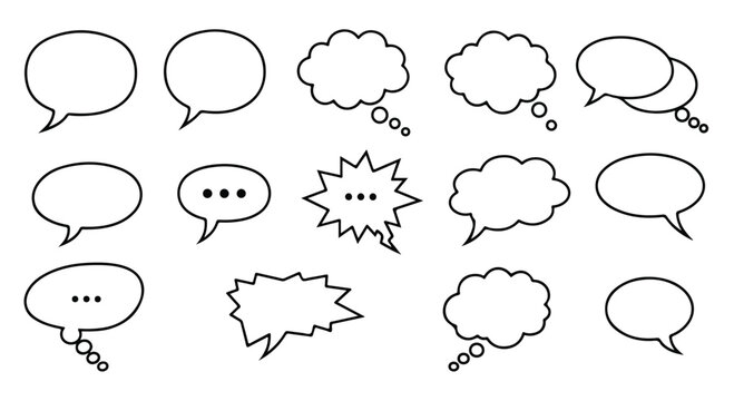 Speech Bubble Collection: A diverse set of empty speech and thought bubbles, designed for creative use in graphic design, communication, and storytelling.