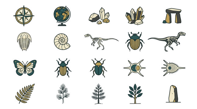 Vintage natural history icons with stippled textures and hand-drawn strokes featuring fossils, dinosaurs, insects, and geological specimens