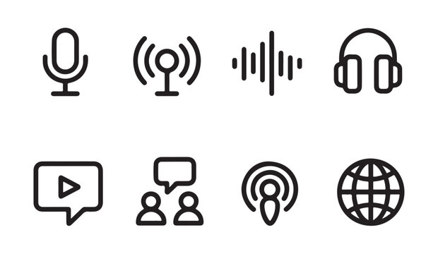 Set of minimal outline icons representing audio podcasting and broadcast media elements.