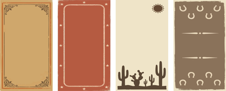 Wild west themed border frames with cactus stars and rustic country elements