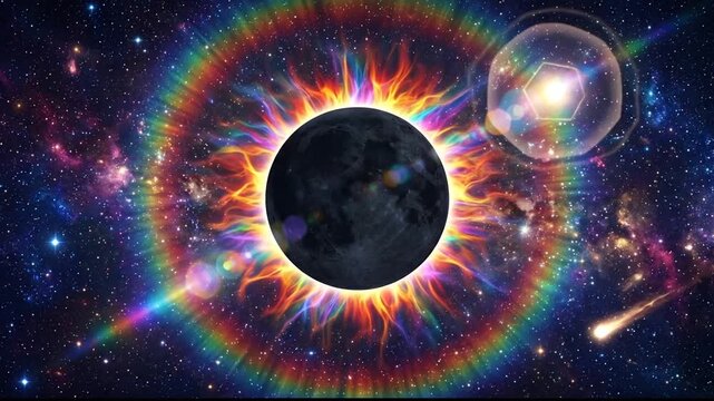 Total solar eclipse with vibrant rainbow light corona in outer space