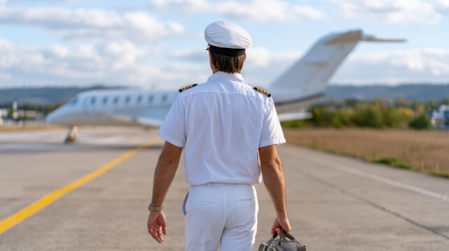 Male pilot in white uniform and cap walks towards private jet on runway, carrying a flight bag, with clear blue sky and green landscape in the background