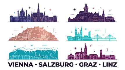 Fototapeta premium Bold Austrian City Skyline Silhouette Set, Modern Flat Travel Vector Collection in Navy, Coral, Cyan and Plum Colors
