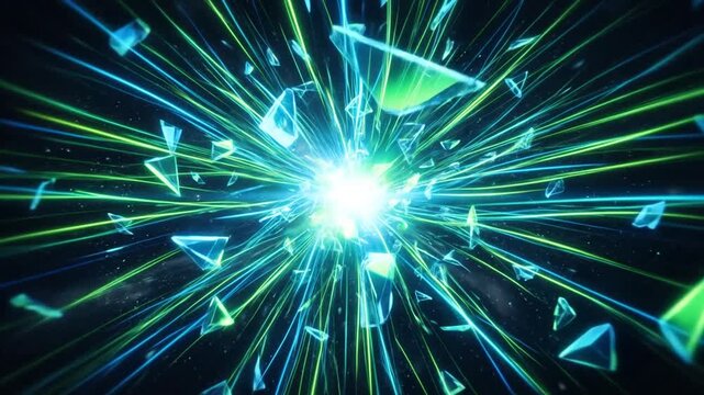 Abstract neon green and blue light streaks exploding with 3D glass shards from a bright central burst in a futuristic motion graphic background.