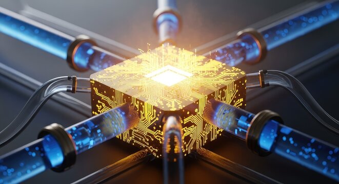 Radiant energy pulses through a complex network of golden circuits and cooling pipes, marking a significant leap in computing technology, wiring, speed, breakthrough