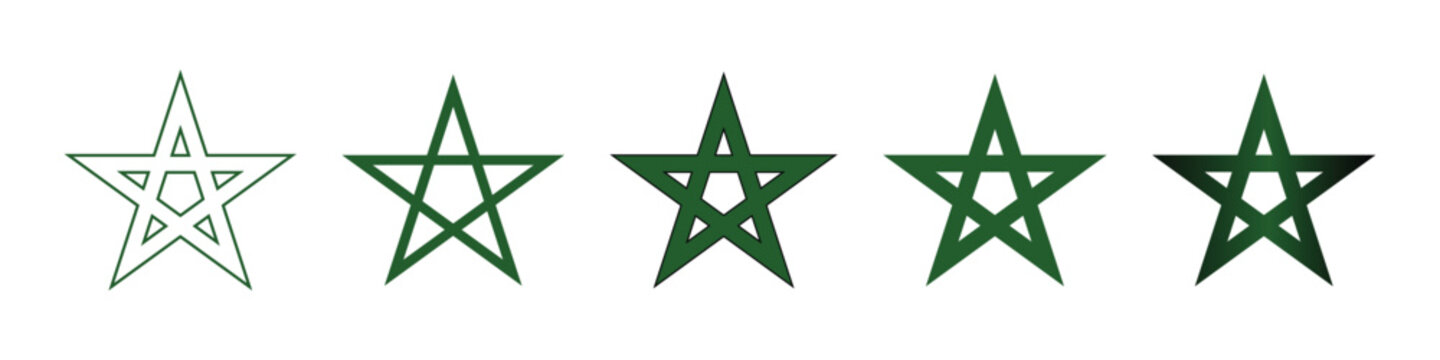 Moroccan Flag Green Pentagram Star Icons Set with Five Linear Interlocking Variations Isolated on White Background Vector Illustration 