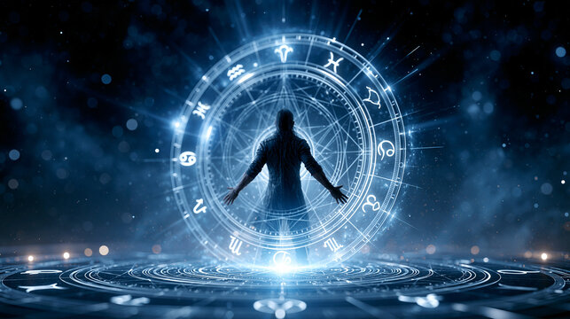 Person standing inside a glowing zodiac wheel surrounded by astrological symbols, horoscope concept, cosmic power, celestial guidance, with copy space