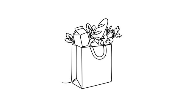 Paper grocery bag one line art vector illustration with milk bread and vegetables for healthy food branding