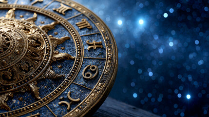 Obraz premium Ornate golden zodiac wheel displayed against a starry night background, astrology chart, celestial symbolism, with copy space