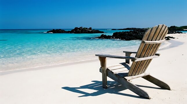 Wooden beach chair on white sand at tropical island seaside with tropical