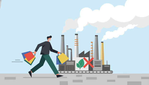 Person wearing a protective mask running past a smoking industrial factory with an anti-pollution prohibition symbol sign display.