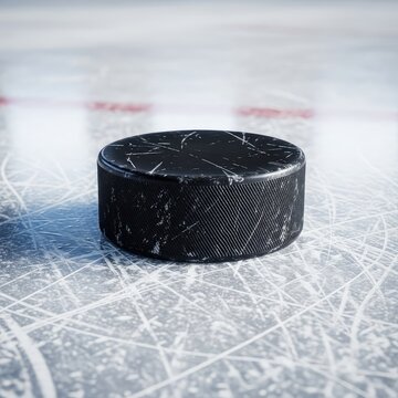 A detailed close-up shot of a black vulcanized rubber hockey puck resting on the scratched surface of a frozen indoor professional ice rink, sharp, exercise, white
