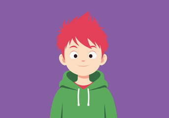 A cartoon illustration of a young boy with bright red hair wearing a green hoodie.