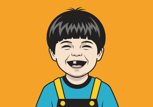 A cheerful young boy with a missing tooth smiling brightly in a cartoon illustration.