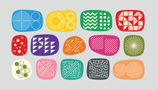 Set of colorful abstract shapes with various textures including grids circles zigzags and mazes on a light grey background.
