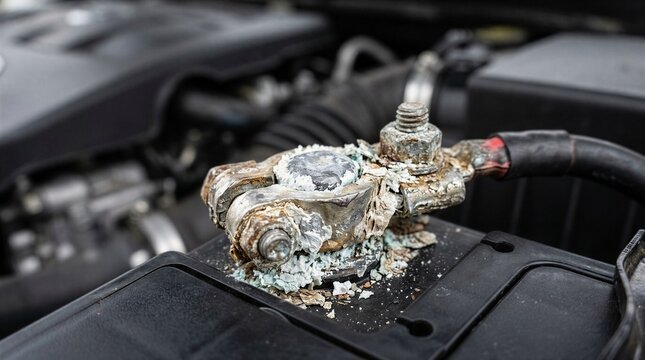 Heavily Corroded Car Battery Terminal with Acid Buildup &mdash; Vehicle Breakdown and Automotive Maintenance Need Concept