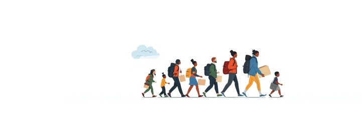 Obraz premium Diverse group of refugees and migrants walking together carrying backpacks and boxes in a flat style