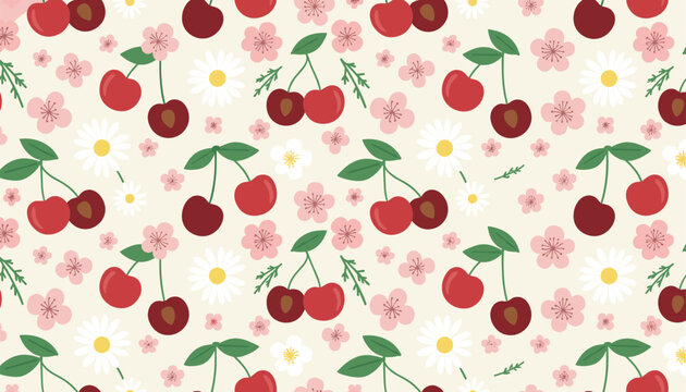 Pattern of red cherries, light pink cherry blossoms, and white daisies scattered across a soft cream-colored background for textile design.