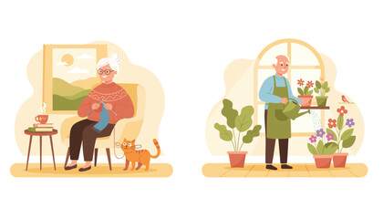 Fototapeta premium Set of two illustrations showing an elderly couple busy with hobbies, one woman knitting and one man gardening at home in warm colors.