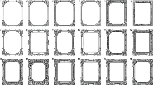 Vintage Black and White Picture Frame Silhouette Set with Ornate Baroque and Rococo Decorative Borders for Certificates or Mirrors Vector Illustration