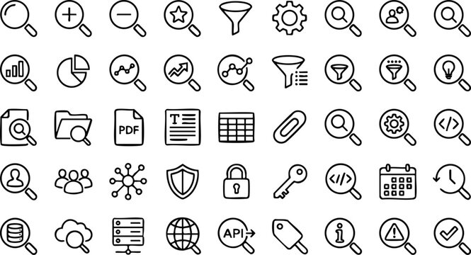 Set of various search and analysis icons in simple line art style with analysis magnifying business internet