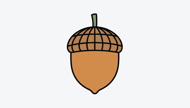Cartoon style illustration of a single brown acorn with a textured cap against a plain white background, symbolizing autumn.