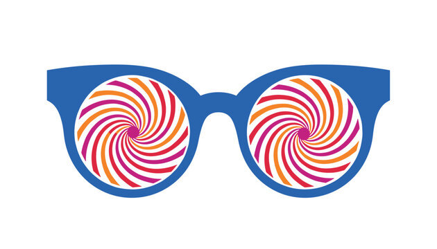 Creative pair of blue eyeglasses with swirling hypnotizing spirals in the lenses against a clean white background, stylish concept.