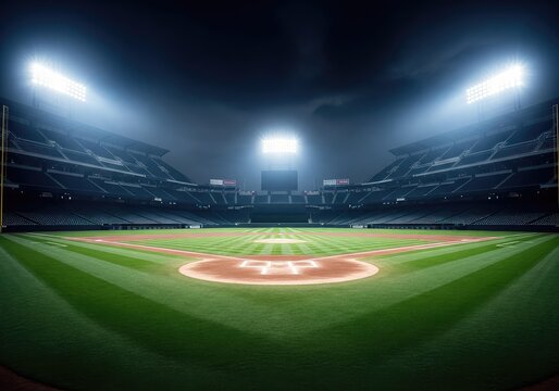 An empty baseball arena stands under brilliant night lights with a wide field view amidst a dark moody atmosphere and subtle misty smoke, scenery, twilight, equipment