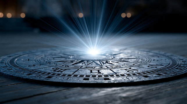 Zodiac wheel engraved on a dark stage floor illuminated by light burst, destiny concept, spiritual guidance, cosmic energy, with copy space